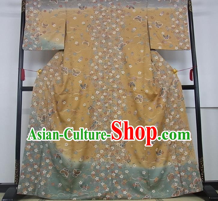 Japanese Classical Sakura Butterfly Pattern Tsukesage Kimono Costume Young Woman Yellow Yukata Dress Traditional Festival Clothing