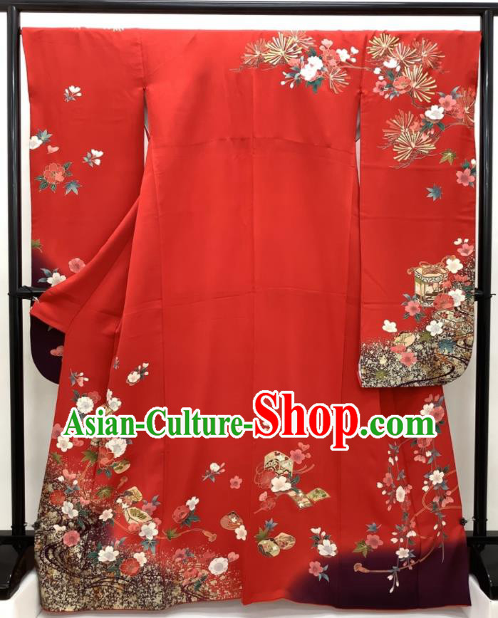 Japanese Classical Sakura Pine Pattern Furisode Kimono Costume Court Woman Red Silk Yukata Dress Traditional Festival Clothing