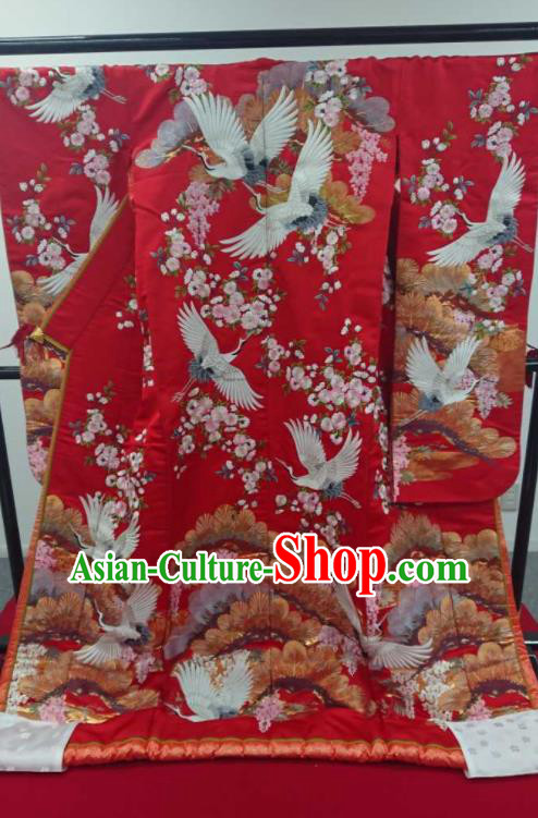 Japanese Traditional Wedding Bride Clothing Classical Cranes Pattern Uchikake Kimono Costume Geisha Performance Red Silk Yukata Dress