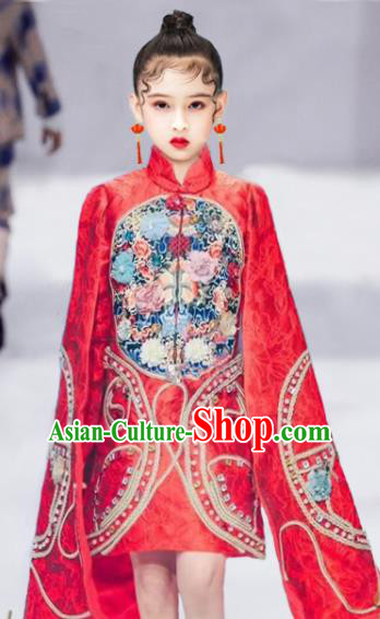 Chinese Stage Performance Fashion Girl Catwalk Show Clothing Modern Dance Garment Costume Children Red Qipao Dress