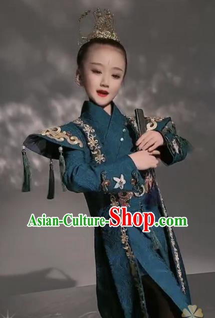 Chinese Children Kung Fu Performance Deep Blue Dress Outfits Stage Show Fashion Girl Catwalk Clothing Modern Dance Garment Costume