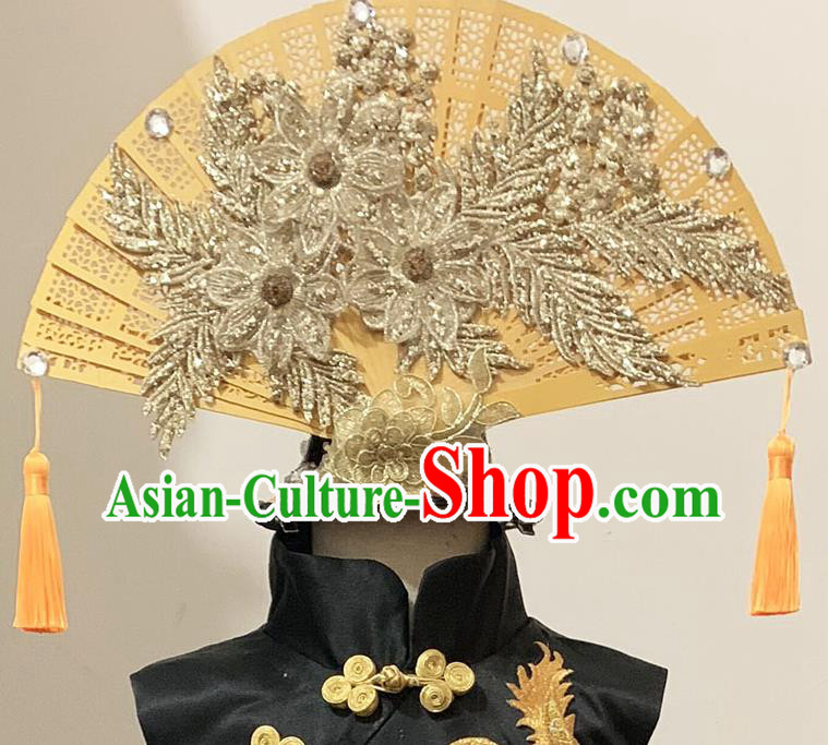 Chinese Children Folk Dance Golden Lace Fan Hair Crown Children Catwalk Hair Accessories Stage Show Headpieces