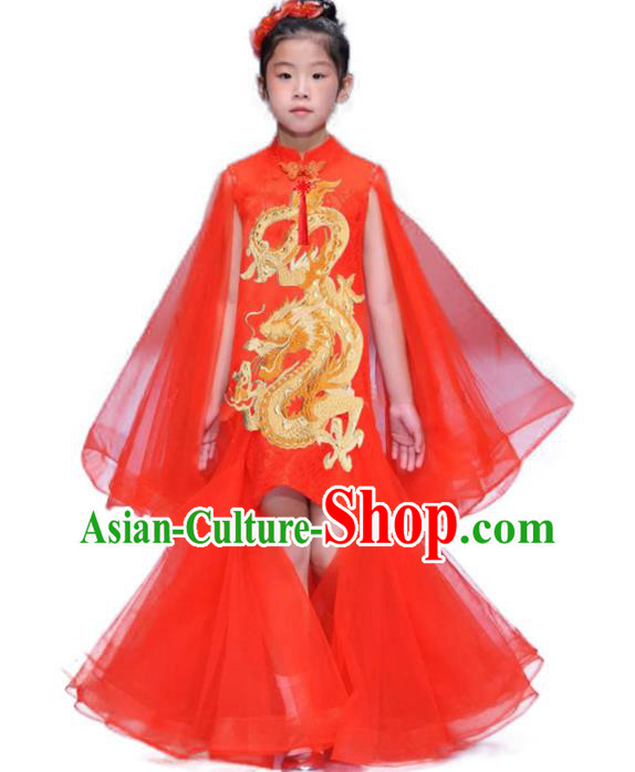 Chinese Girl Catwalk Cheongsam Clothing Compere Garment Costume Children Performance Red Qipao Dress Stage Show Fashion