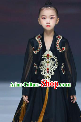 Chinese Modern Dance Garment Costume Children Kung Fu Performance Black Trailing Dress Stage Show Fashion Girl Catwalk Clothing