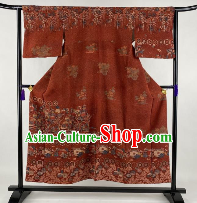 Japanese Traditional Summer Festival Clothing Classical Wisteria Butterfly Pattern Tsukesage Kimono Costume Young Lady Dark Red Yukata Dress