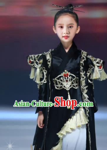 Chinese Girl Catwalk Clothing Chivalrous Garment Costume Children Kung Fu Performance Black Trailing Dress Stage Show Fashion