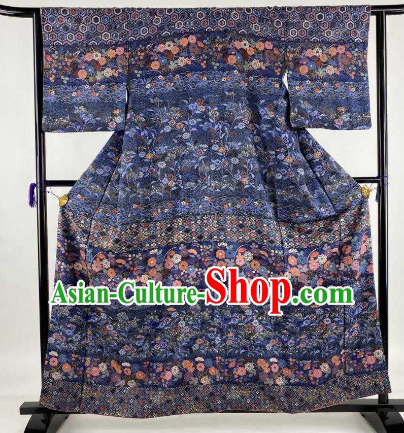 Japanese Young Lady Deep Blue Yukata Dress Traditional Summer Festival Clothing Classical Flowers Pattern Tsukesage Kimono Costume