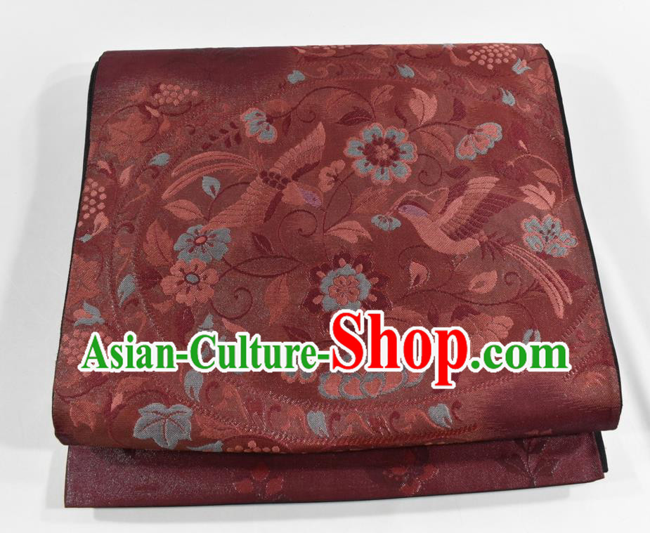Japanese Classical Flowers Bird Pattern Kimono Belt Handmade Nishijin Wine Red Brocade Waistband Traditional Yukata Robe Girdle Accessories