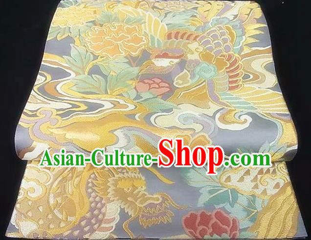 Japanese Traditional Yukata Robe Girdle Accessories Classical Dragon Peony Pattern Grey Brocade Belt Handmade Kimono Nishijin Waistband