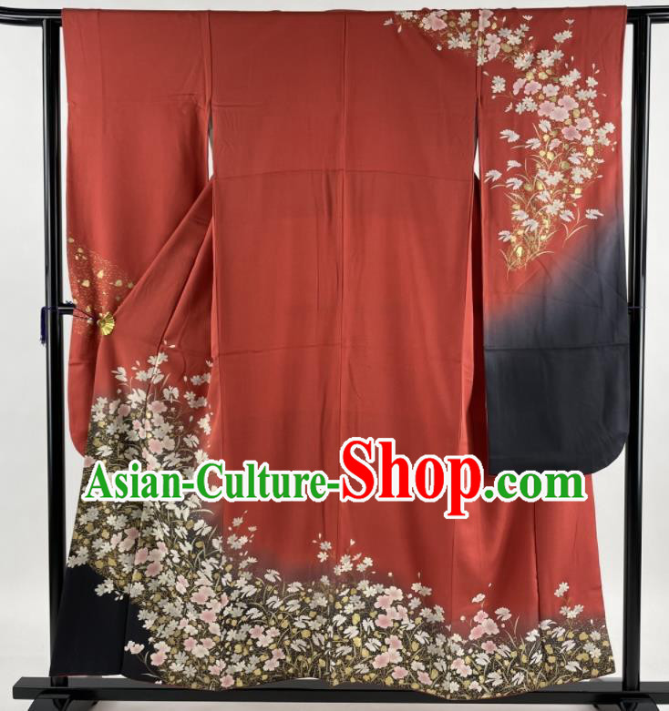 Japanese Court Woman Red Silk Yukata Dress Traditional Festival Clothing Classical Flowers Butterfly Pattern Furisode Kimono Costume