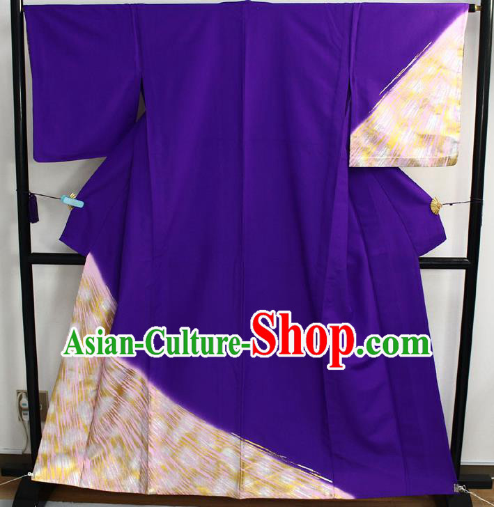 Japanese Classical Golden Pattern Tsukesage Kimono Costume Elderly Woman Purple Yukata Dress Traditional Festival Clothing