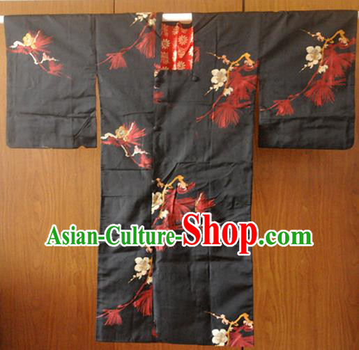 Japan Male Outer Garment Costume Traditional Black Silk Kimono Clothing Classical Plum Branch Pattern Yukata Jacket