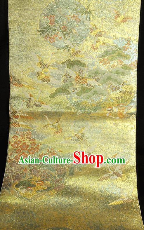 Japanese Traditional Yukata Robe Girdle Accessories Classical Cranes Plum Pattern Golden Brocade Belt Handmade Kimono Nishijin Waistband