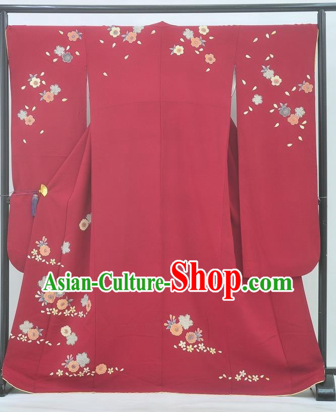 Japanese Traditional Wedding Bride Clothing Classical Sakura Pattern Furisode Kimono Costume Court Princess Red Yukata Dress