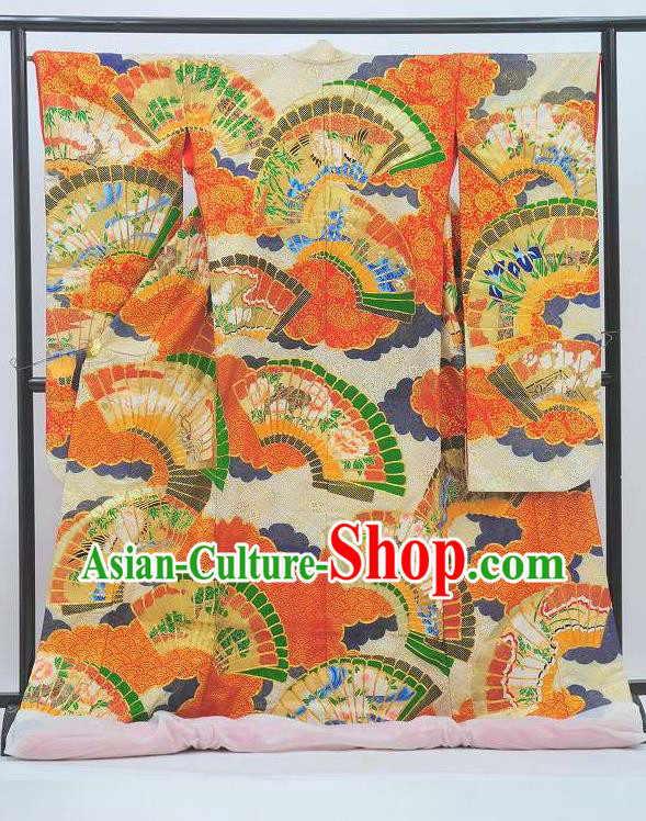 Japanese Court Queen Yukata Dress Traditional Wedding Bride Clothing Classical Peony Fan Pattern Uchikake Kimono Costume