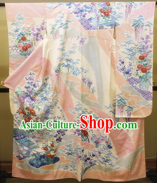 Japanese Traditional Court Princess Clothing Classical Chrysanthemum Pattern Furisode Kimono Costume Wedding Bride Pink Silk Yukata Dress