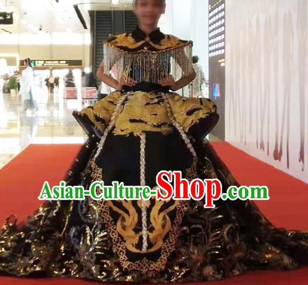 Chinese Stage Performance Fashion Clothing Girl Catwalk Show Black Trailing Full Dress Baby Compere Garment Costume Children Modern Dance Attire