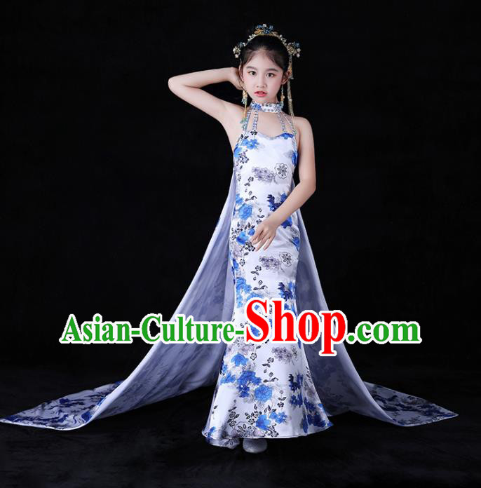 Chinese Children Modern Cheongsam Attire Stage Performance Fashion Clothing Girl Catwalk Show Qipao Dress Baby Compere Garment Costume