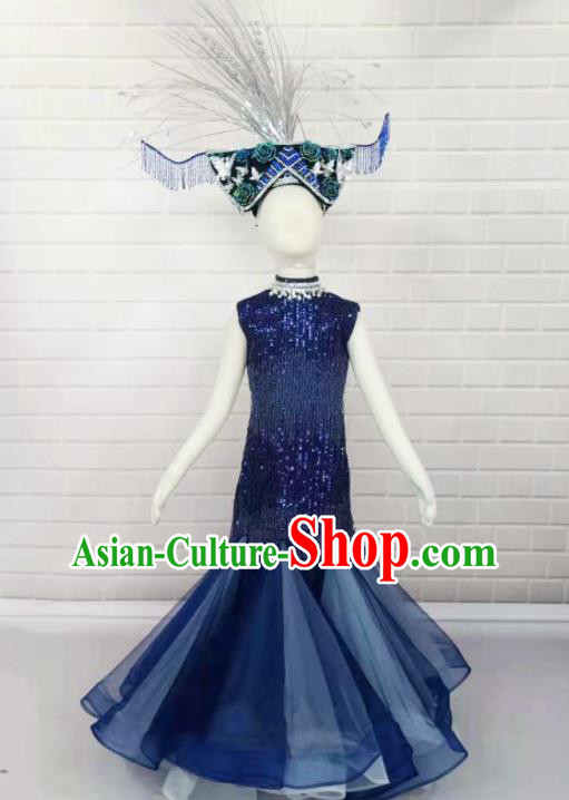 Custom Cosplay Mermaid Clothing Girl Catwalks Garment Costumes Stage Show Navy Fishtail Full Dress Modern Dance Fashion