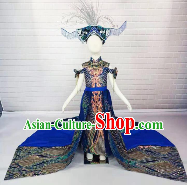 Custom Modern Dance Fashion Baroque Princess Clothing Girl Catwalks Garment Costumes Stage Show Royalblue Trailing Full Dress