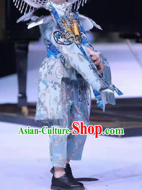 Top Catwalks Fashion Boys Stage Show Blue Suits Baby Compere Garment Costumes Children Performance Western Clothing