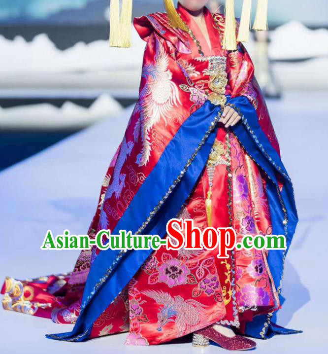 Chinese Girl Catwalk Show Red Brocade Trailing Dress Ancient Empress Garment Costume Children Model Attire Stage Performance Fashion Clothing