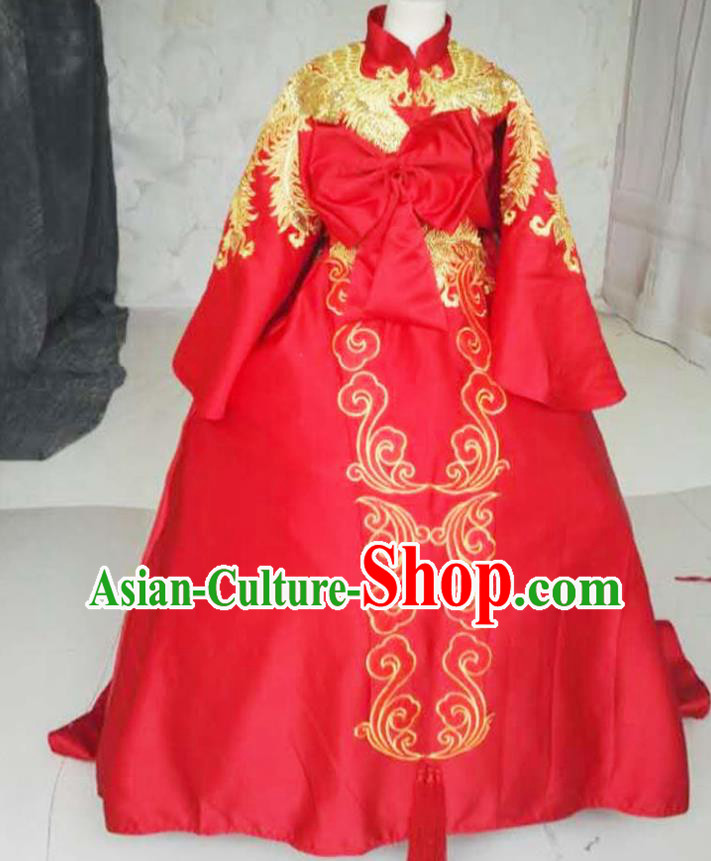 Chinese Girl Catwalk Show Red Trailing Dress Piano Recital Garment Costume Children Model Embroidered Attire Stage Performance Fashion Clothing