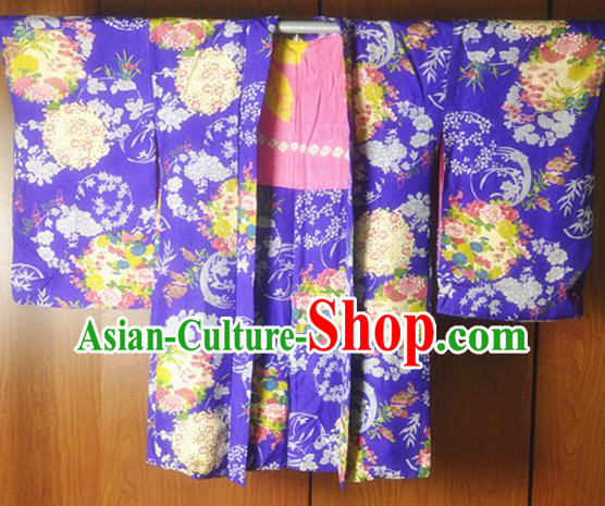 Japan Traditional Warrior Purple Silk Kimono Clothing Classical Hydrangea Pattern Haori Jacket Male Outer Garment Costume