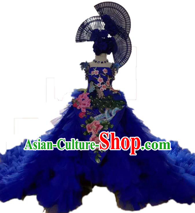 Custom European Princess Embroidered Clothing Girl Catwalks Garment Costumes Stage Show Royalblue Veil Trailing Full Dress Modern Dance Fashion