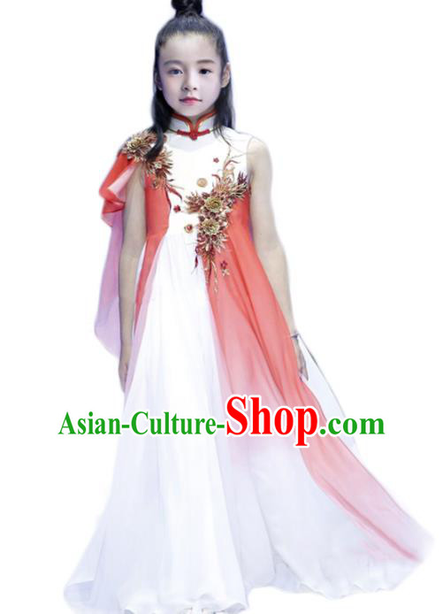 Chinese Children Compere Full Dress Stage Show Fashion Girl Catwalk Clothing Zither Performance Garment Costume
