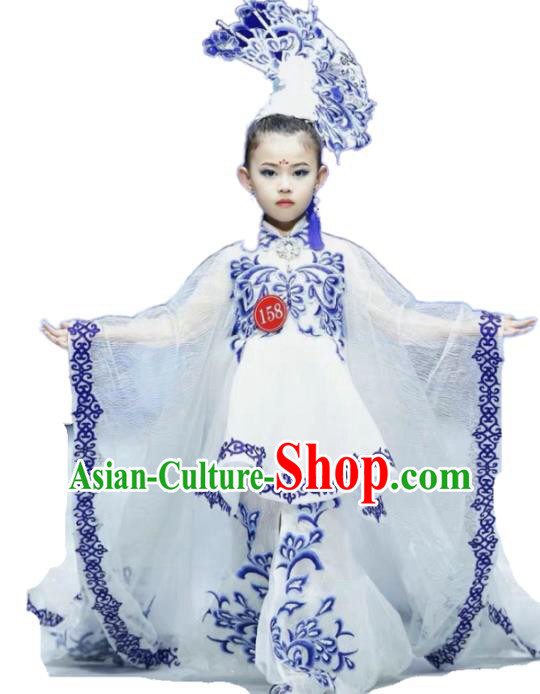Chinese Zither Performance Garment Costume Children Compere White Full Dress Stage Show Fashion Girl Catwalk Clothing