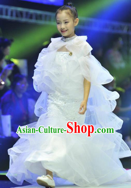 Custom Children Princess Fashion Modern Dance Clothing Girl Catwalks Garment Costume Stage Show White Fishtail Full Dress