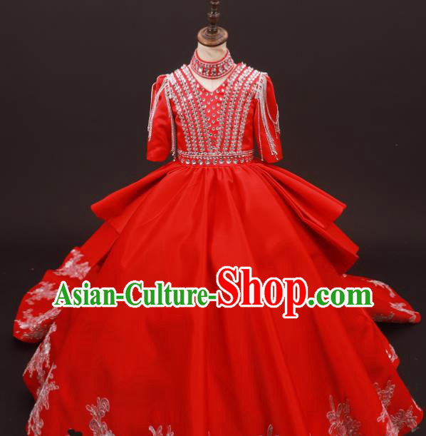 Custom Stage Show Red Full Dress Baroque Princess Fashion Modern Dance Clothing Girl Catwalks Garment Costume