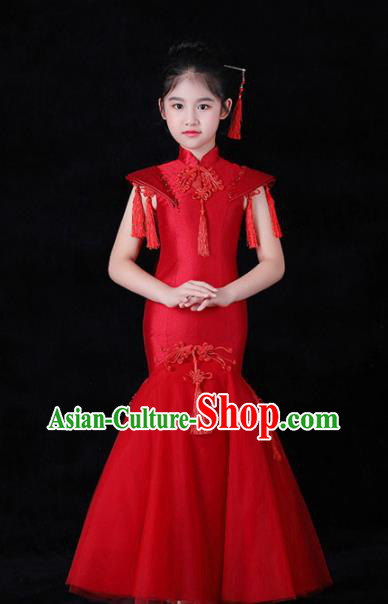 Chinese Stage Show Fashion Girl Catwalk Clothing Classical Dance Garment Costume Children Compere Red Qipao Dress