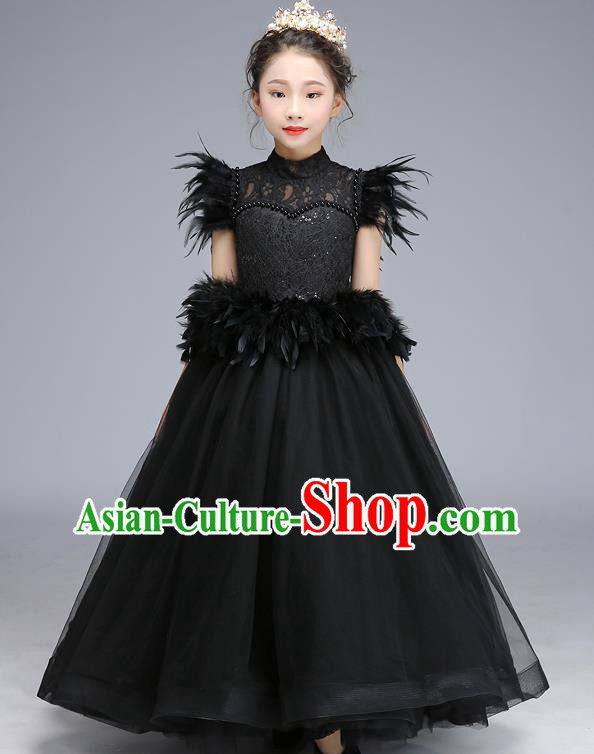 Custom Modern Dance Clothing Girl Catwalks Garment Costume Stage Show Black Feather Lace Full Dress Baroque Princess Fashion