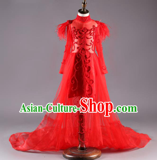 Custom Fairy Princess Fashion Modern Dance Clothing Girl Catwalks Garment Costume Stage Show Red Veil Full Dress