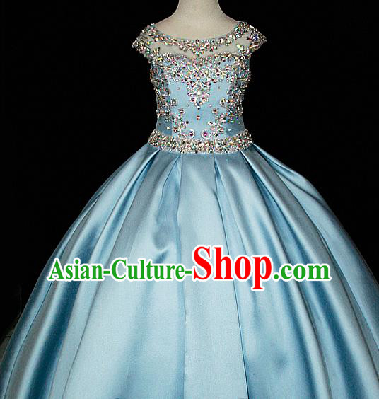 Custom Piano Recital Clothing Girl Catwalks Garment Costume Stage Show Blue Satin Full Dress Fairy Princess Fashion