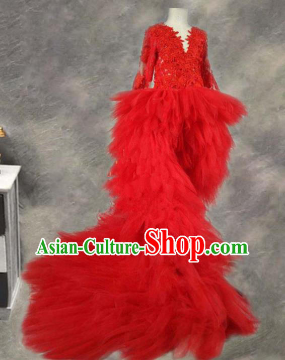 Custom Christmas Performance Red Veil Trailing Full Dress Baroque Princess Fashion Piano Recital Clothing Children Catwalks Garment Costume