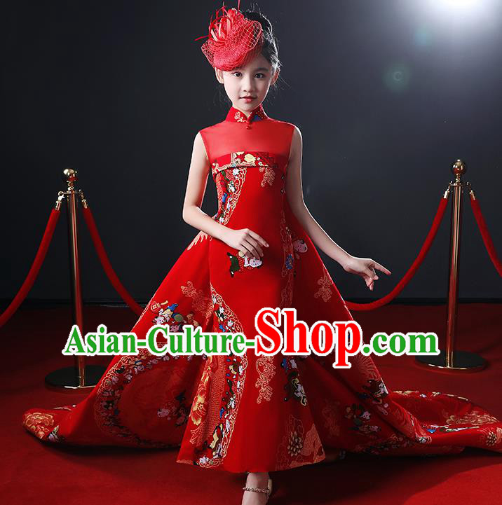 Chinese Stage Show Fashion Girl Catwalk Clothing Classical Dance Garment Costume Children Compere Red Trailing Full Dress