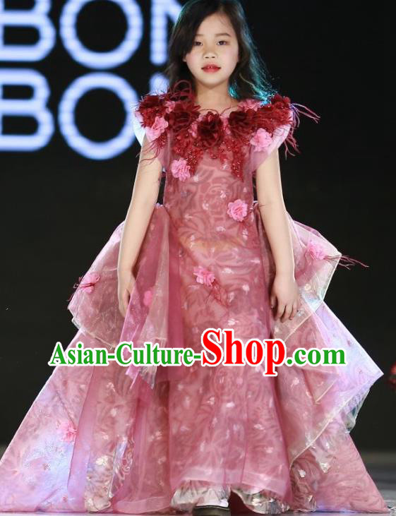 Custom Children Catwalks Garment Costume Christmas Performance Pink Fishtail Full Dress Fairy Princess Fashion Piano Recital Clothing