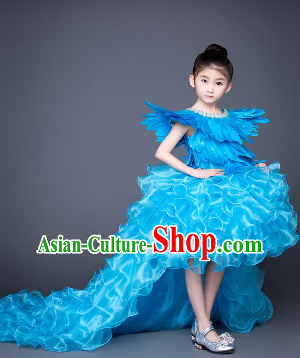 Custom Piano Recital Clothing Children Catwalks Garment Costume Christmas Performance Blue Trailing Full Dress Fairy Princess Feather Fashion