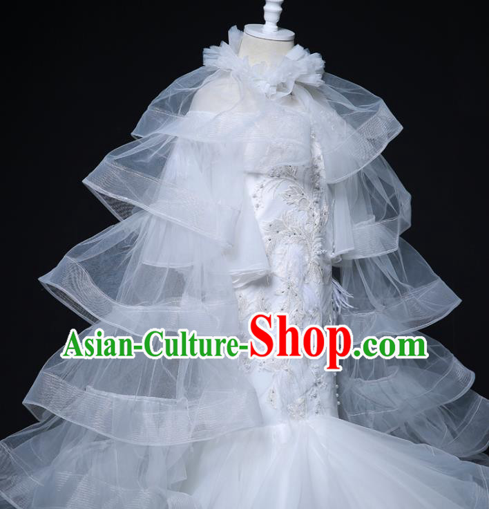 Custom Children Catwalks Garment Costume Christmas Performance White Fishtail Full Dress Victorian Princess Fashion Piano Recital Clothing