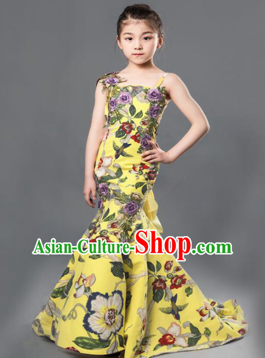 Custom Piano Recital Clothing Children Catwalks Garment Costume Christmas Performance Yellow Fishtail Full Dress Flowers Fairy Fashion