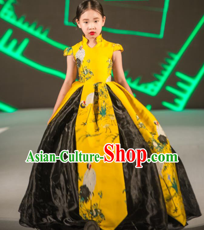 Chinese Children Compere Yellow Full Dress Stage Show Fashion Girl Catwalk Clothing Classical Dance Garment Costume