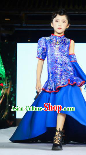 Chinese Girl Catwalk Clothing Classical Dance Garment Costume Children Compere Royalblue Trailing Full Dress Stage Show Fashion