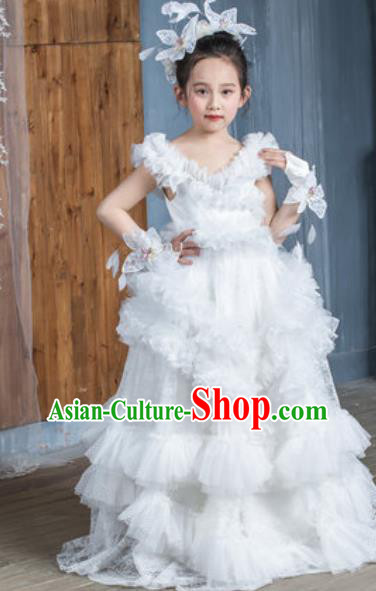 Custom Baroque Princess White Veil Full Dress Girl Piano Recital Fashion Modern Dance Clothing Children Catwalks Garment Costume