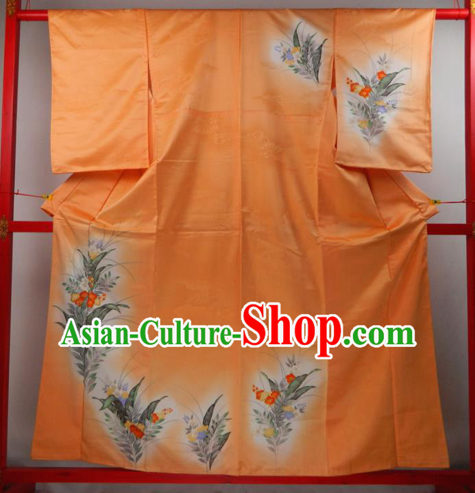 Japanese Traditional Ceremony Garment Costume Young Woman Orange Silk Yukata Dress Classical Flowers Pattern Tsukesage Kimono Clothing