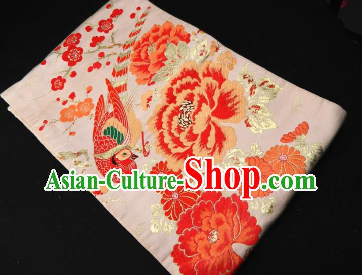 Japanese Traditional Embroidered Peony Bird Pattern Belt Handmade Pink Brocade Kimono Waistband Classical Yukata Dress Hekoobi Accessories