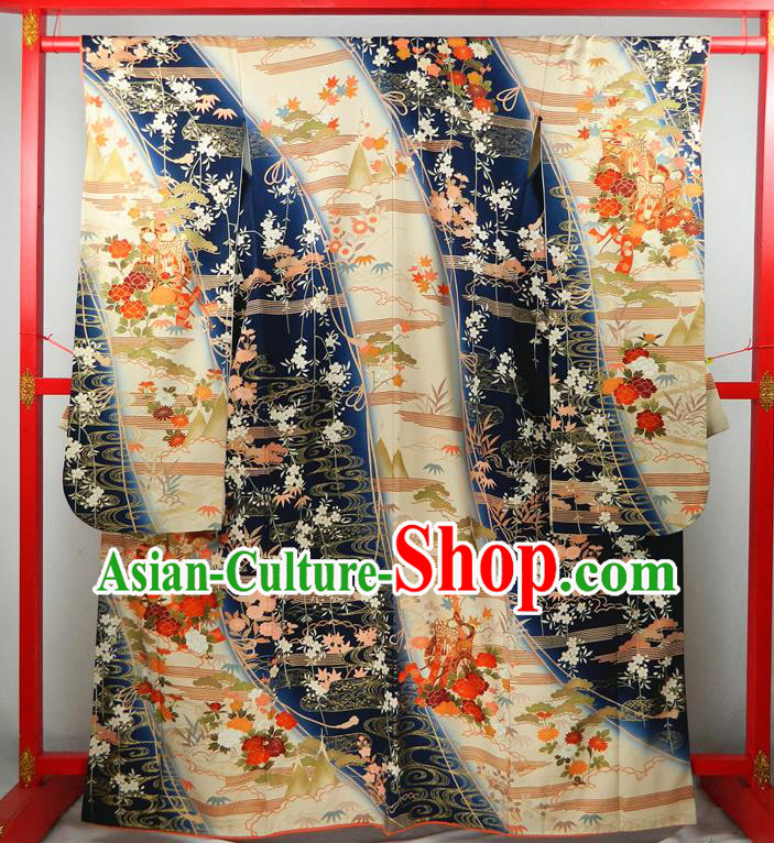 Japanese Summer Festival Garment Costume Classical Flowers Fan Pattern Yukata Dress Traditional Furisode Kimono Clothing