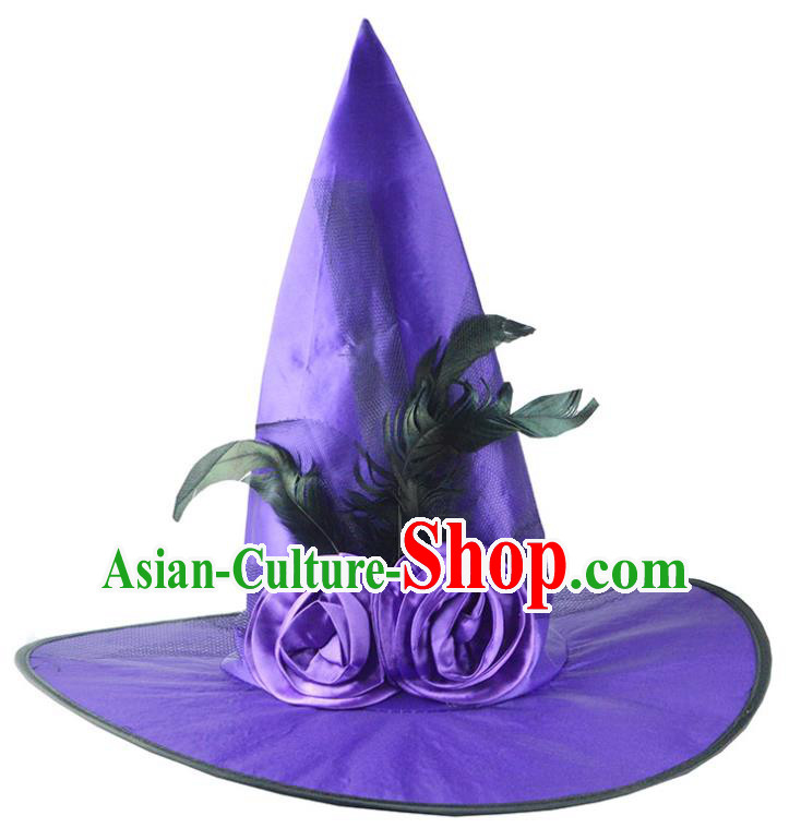 Handmade Dance Party Purple Hat Cosplay Witch Feather Headwear Drama Performance Peaked Cap Halloween Headdress